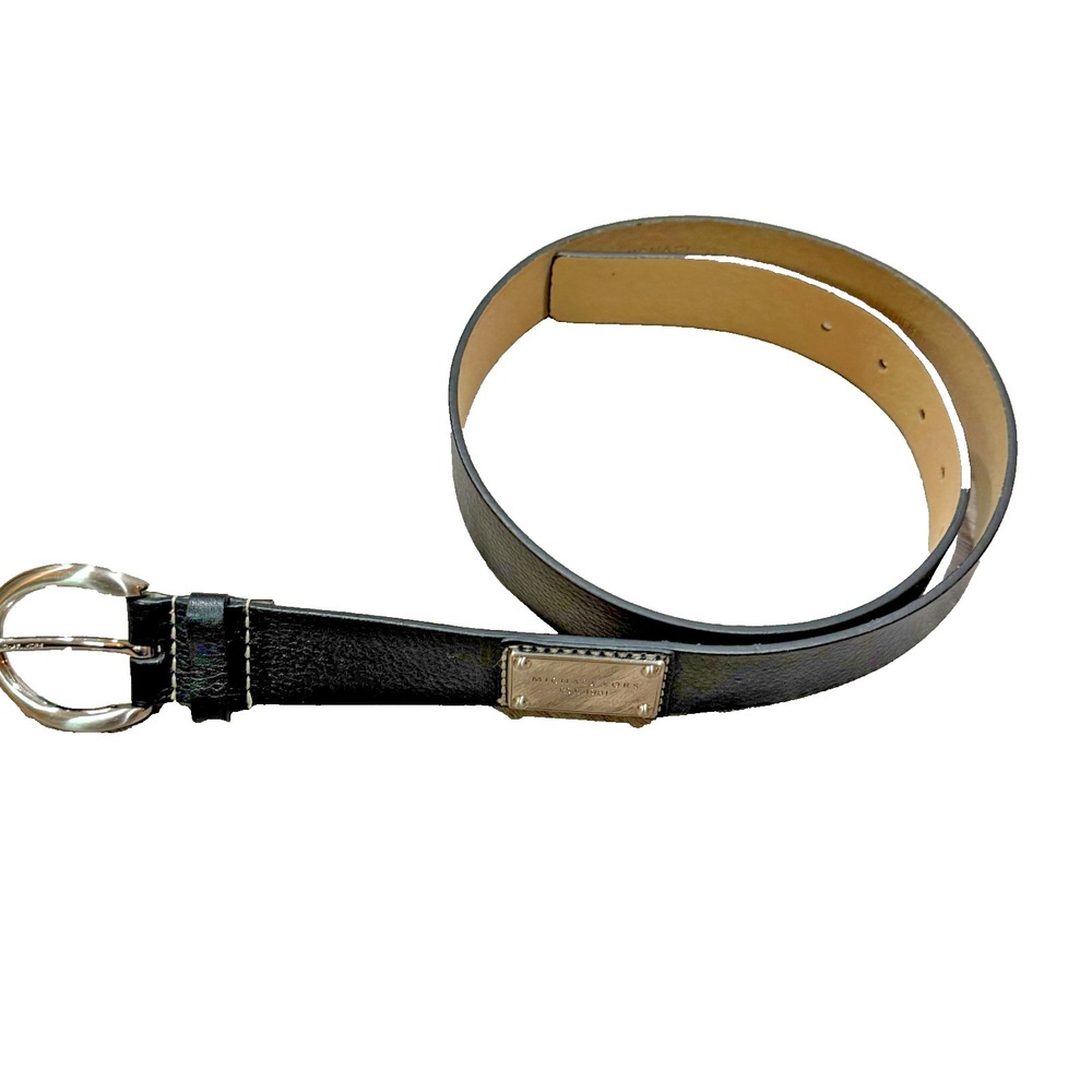 Michael Kors Men's Black Genuine Leather Belt Silver Buckle MK Logo Size 46